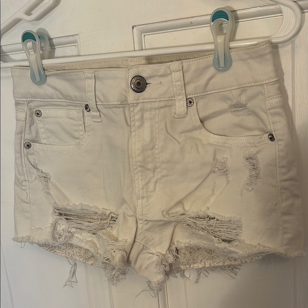 American Eagle Outfitters Cream Jean Shorts Distressed Cut-Off